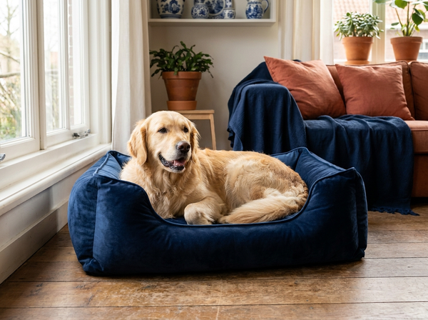 Blije hond in een zachte fluwelen hondenmand