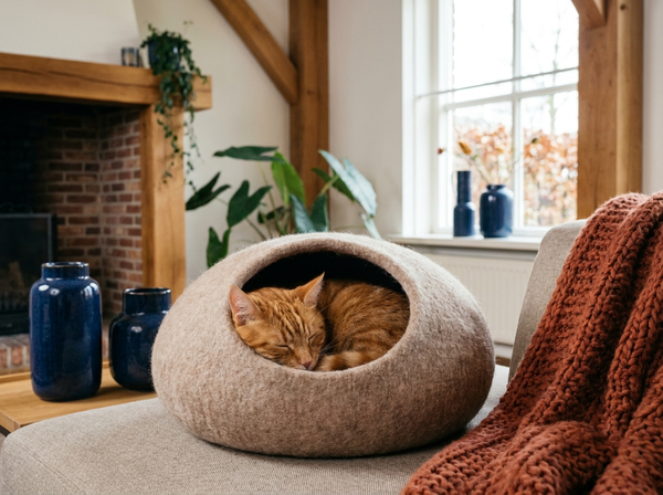 Tevreden kat in een zachte kattengrot