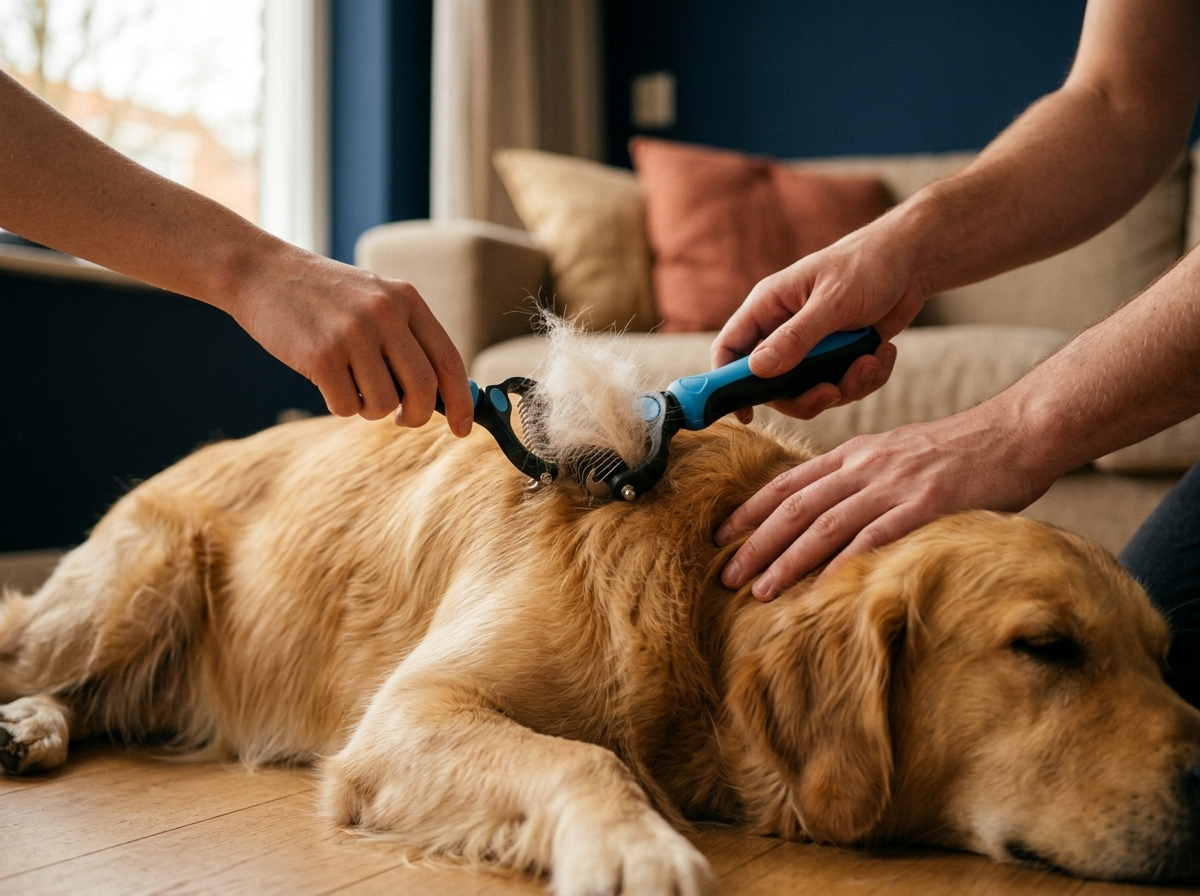 Losse ondervacht komt los bij het borstelen van een golden retriever met de ontklitborstel