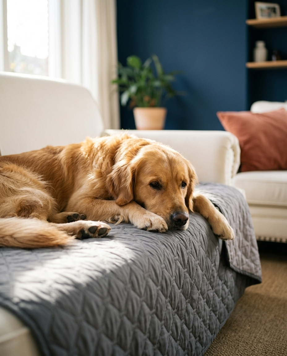 Bankhoes voor honden en katten — golden retriever op bank met de echte hoes